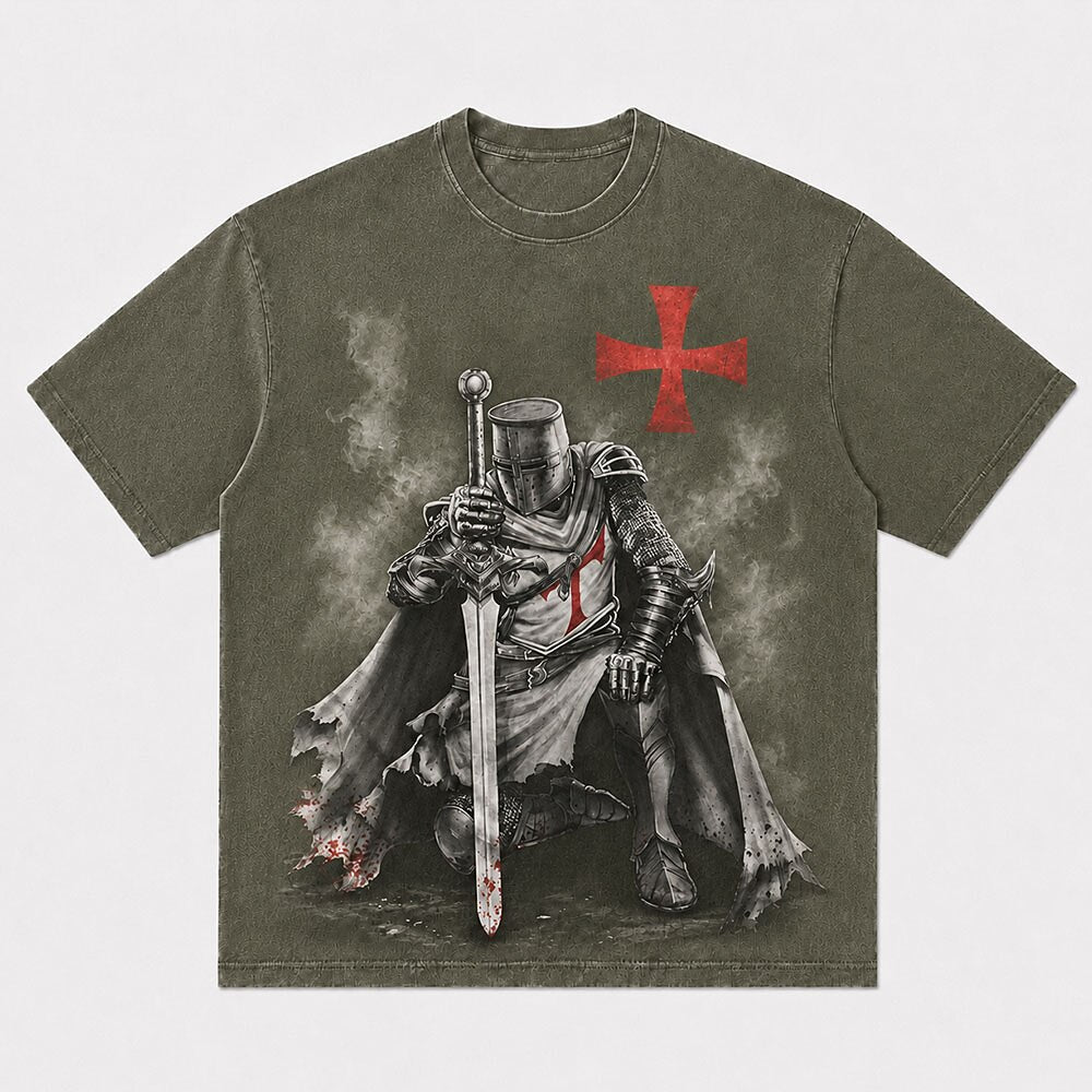 Dark Medieval Kneeling Templar Knight in Armor with Red Cross Christian T-Shirt - product image 4