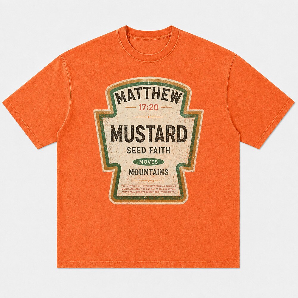 Matthew 17:20 Mustard Seed Faith Moves Mountains Bible Verse Christian Humor Vintage Condiment Label Parody Christian T-Shirt - product image 6