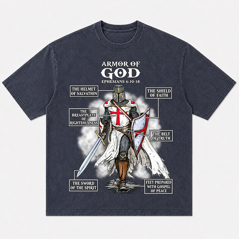 Armor of God Knight Ephesians 6:10-18 washed cotton T-shirt, product view 1