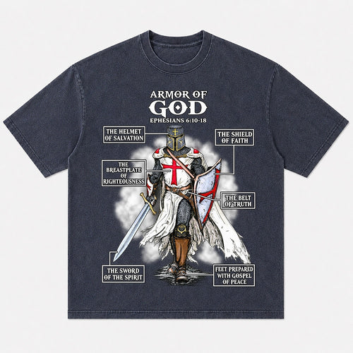 Armor of God Knight Ephesians 6:10-18 washed cotton T-shirt, product view 1