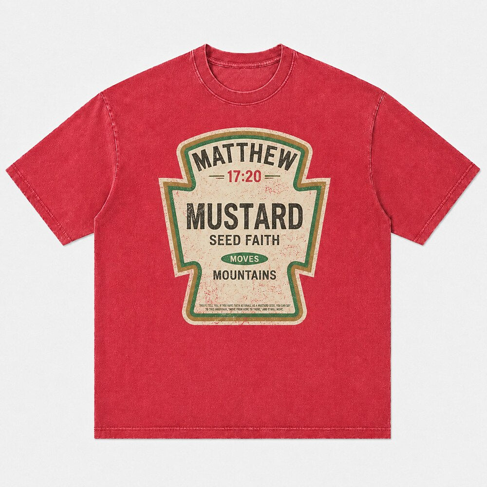 Matthew 17:20 Mustard Seed Faith Moves Mountains Bible Verse Christian Humor Vintage Condiment Label Parody Christian T-Shirt - product image 1