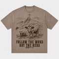 Mountain Cross with Cattle Follow The Word Not The Herd Isaiah Quote Christian T-Shirt - product image 1
