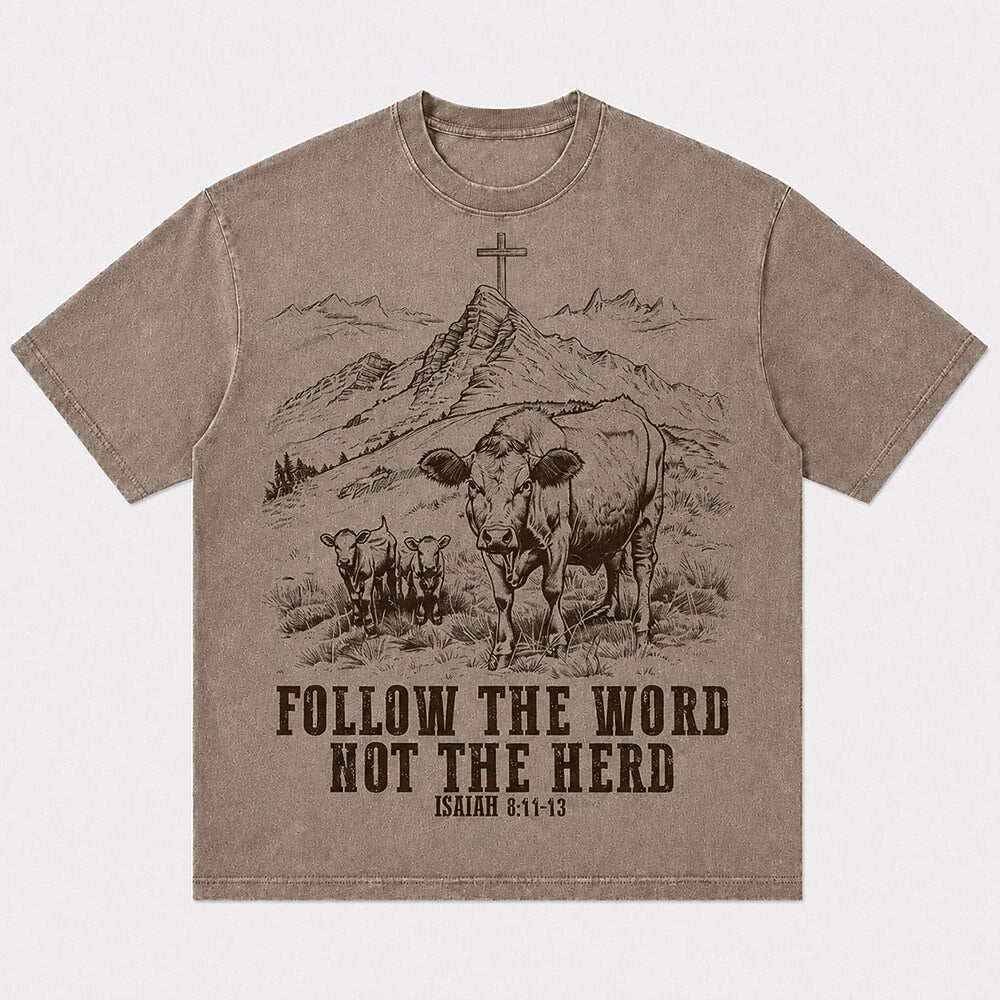 Mountain Cross with Cattle Follow The Word Not The Herd Isaiah Quote Christian T-Shirt - product image 1