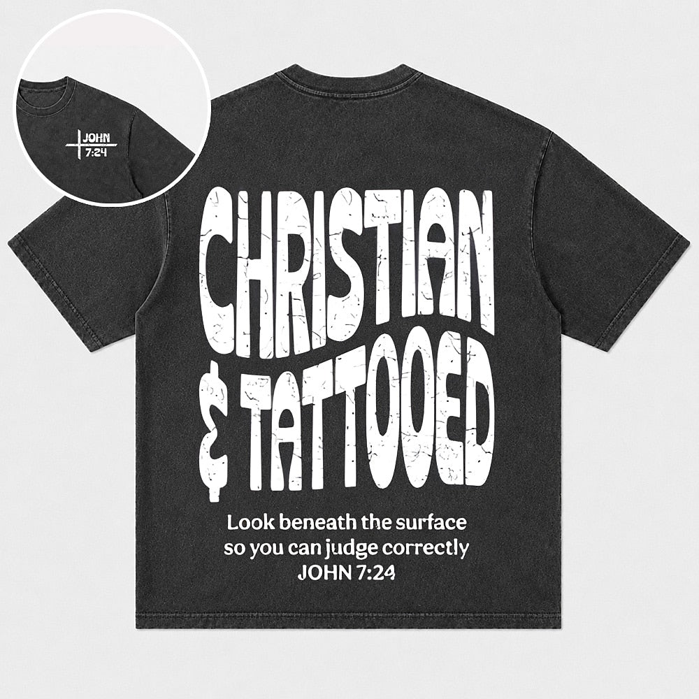 Christian and Tattooed John 7:24 typography cotton T-shirt, product view 1