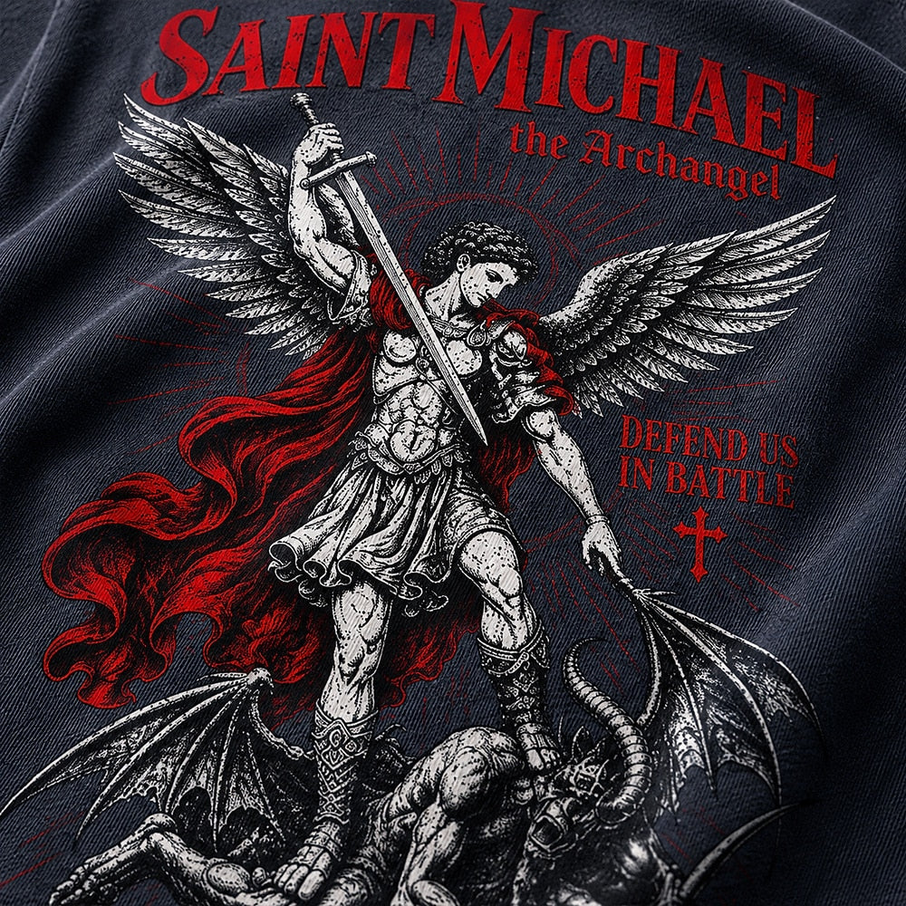 Saint Michael Defend Us in Battle cotton T-shirt, additional product detail view