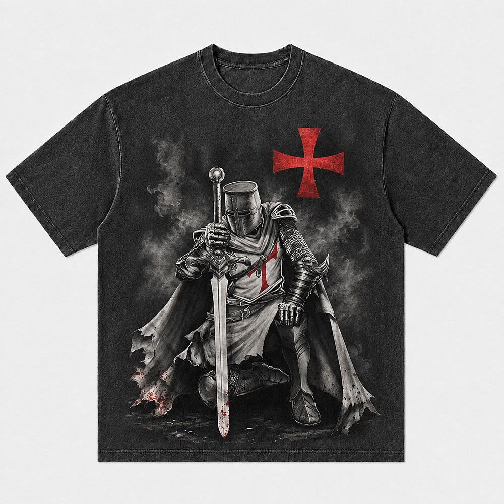 Dark Medieval Kneeling Templar Knight in Armor with Red Cross Christian T-Shirt - product image 1