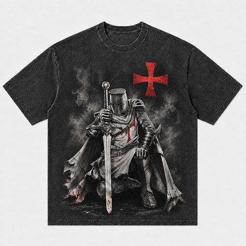 Dark Medieval Kneeling Templar Knight in Armor with Red Cross Christian T-Shirt - product image 1