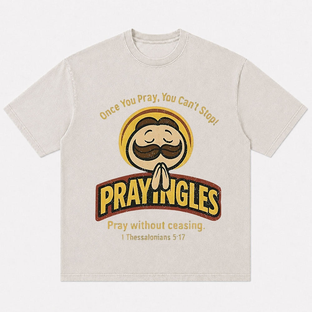 Prayingles praying-face and scripture graphic cotton T-shirt, product view 1