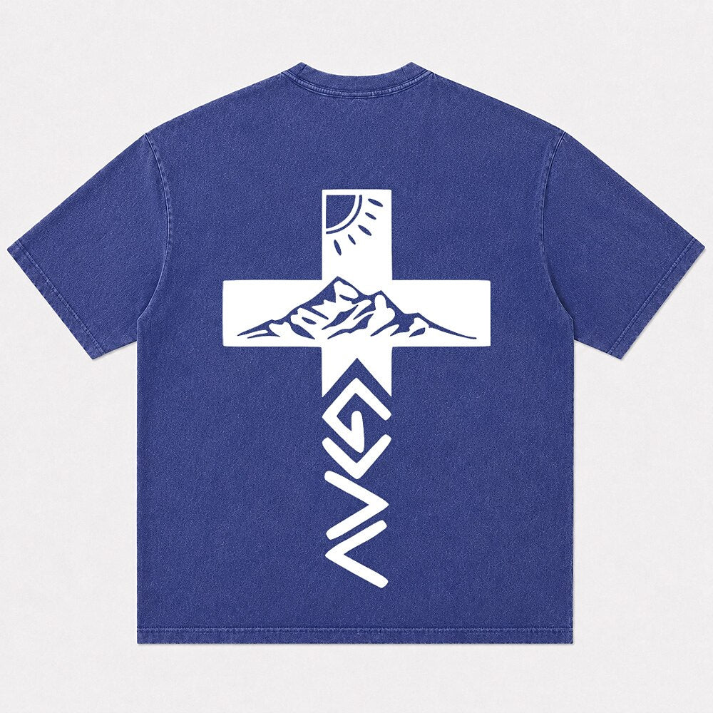 God is greater than highs and lows mountain cross T-shirt