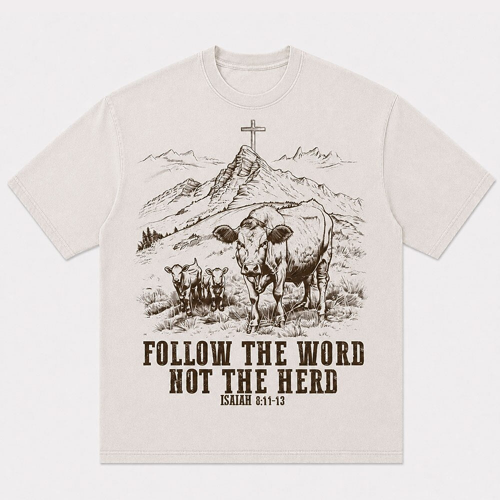 Mountain Cross with Cattle Follow The Word Not The Herd Isaiah Quote Christian T-Shirt - product image 5