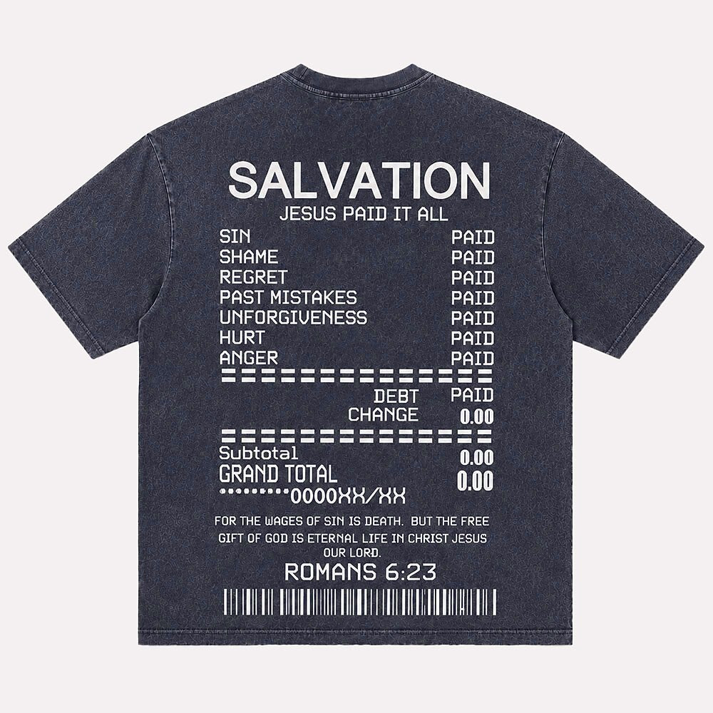 Salvation Receipt Jesus Paid It All Quote with Romans Bible Verse Barcode Christian T-Shirt - product image 1