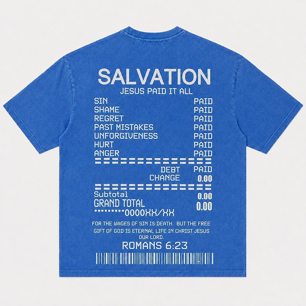 Salvation Receipt Jesus Paid It All Quote with Romans Bible Verse Barcode Christian T-Shirt - product image 6