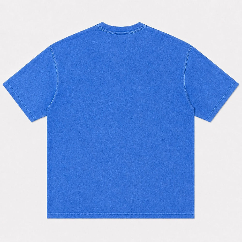 Plain back view of a washed cotton crew-neck T-shirt