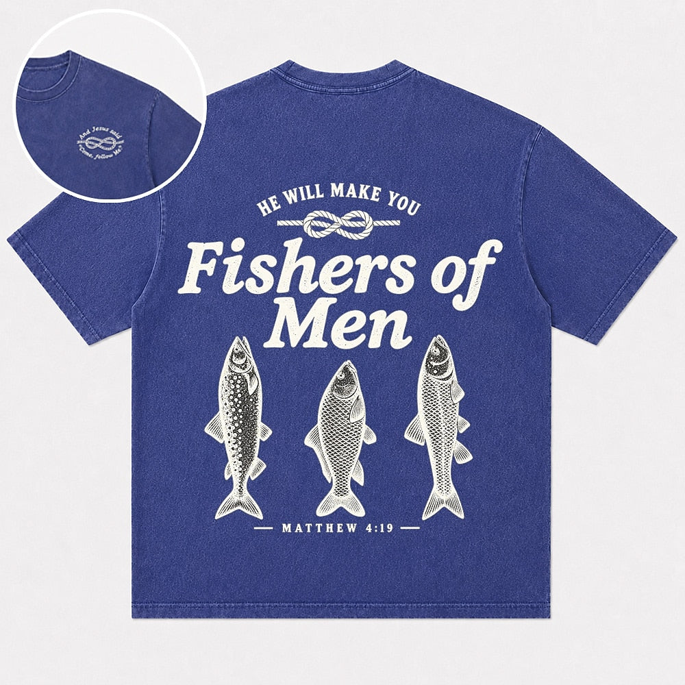 Three fish with Matthew 4:19 lettering cotton T-shirt, product view 1