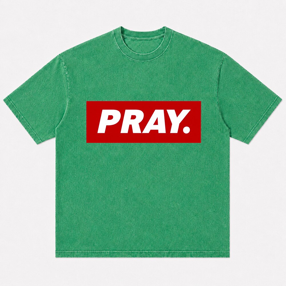 Red PRAY box logo Christian humor T-shirt