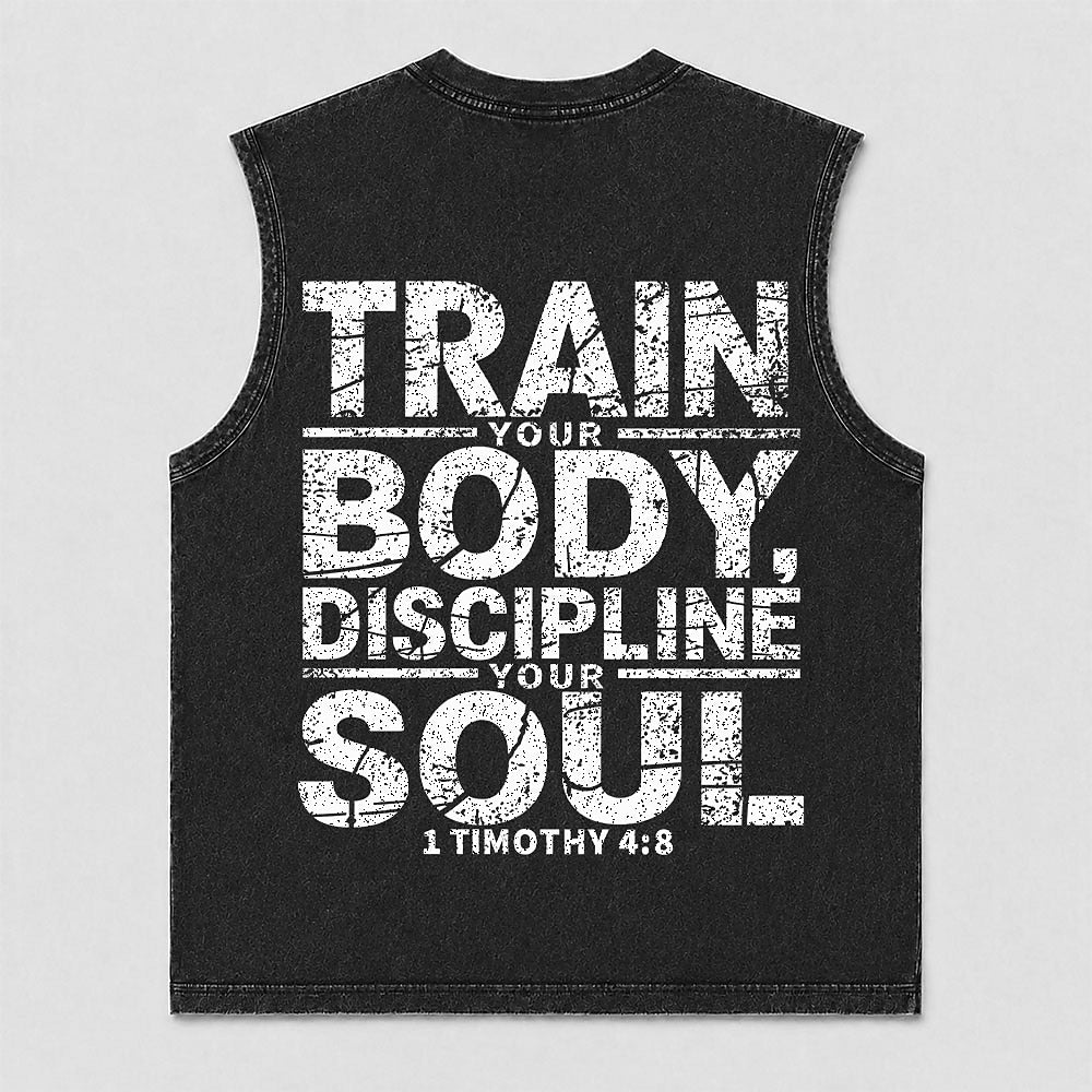 Christian fitness tank: train your body, discipline your soul - 1 Timothy 4:8 - Tank Top