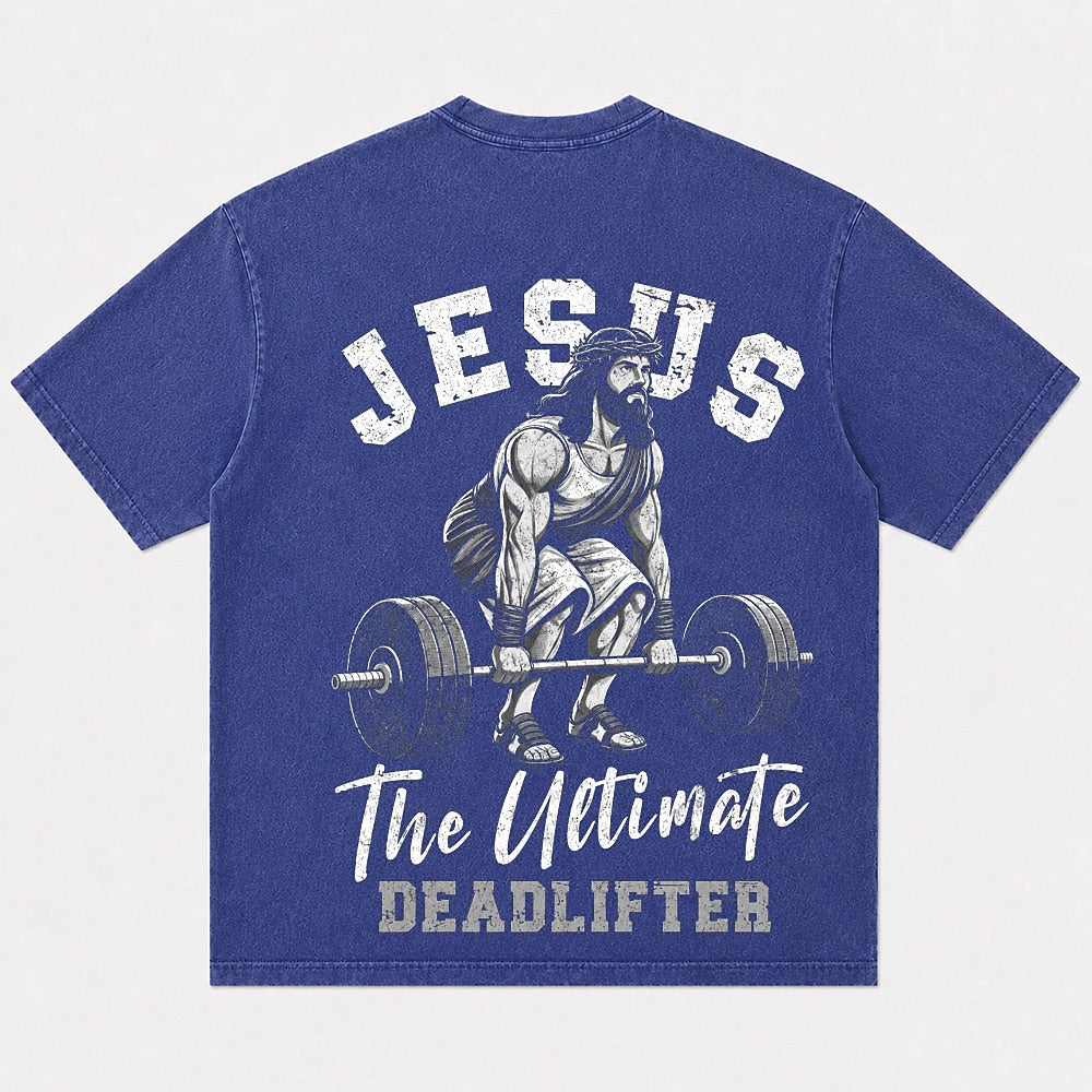 Jesus The Ultimate Deadlifter washed cotton T-shirt, product view 5