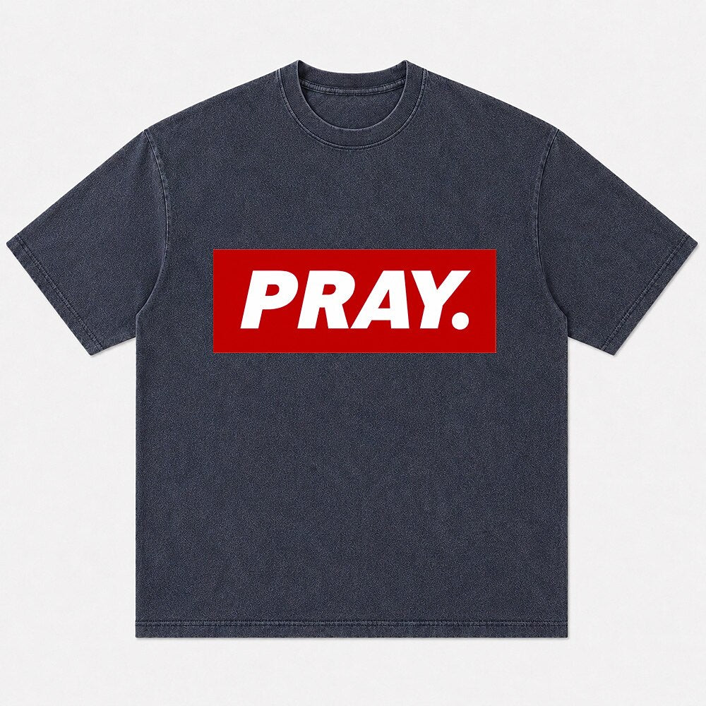 Red PRAY box logo Christian humor T-shirt