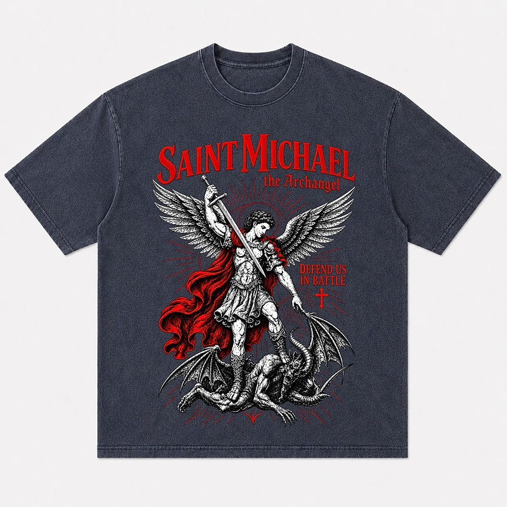 Saint Michael the Archangel battle illustration cotton T-shirt, product view 1