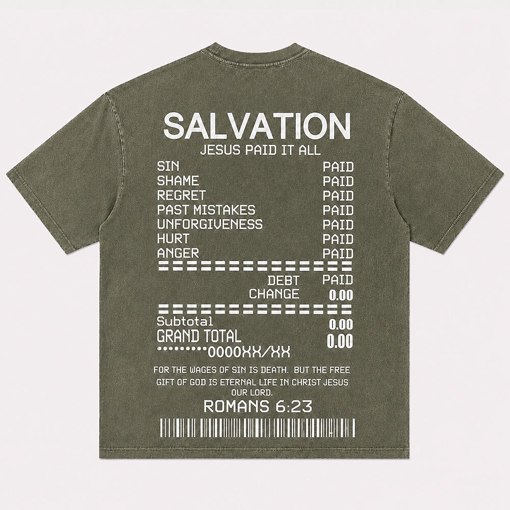 Salvation Receipt Jesus Paid It All Quote with Romans Bible Verse Barcode Christian T-Shirt - product image 5