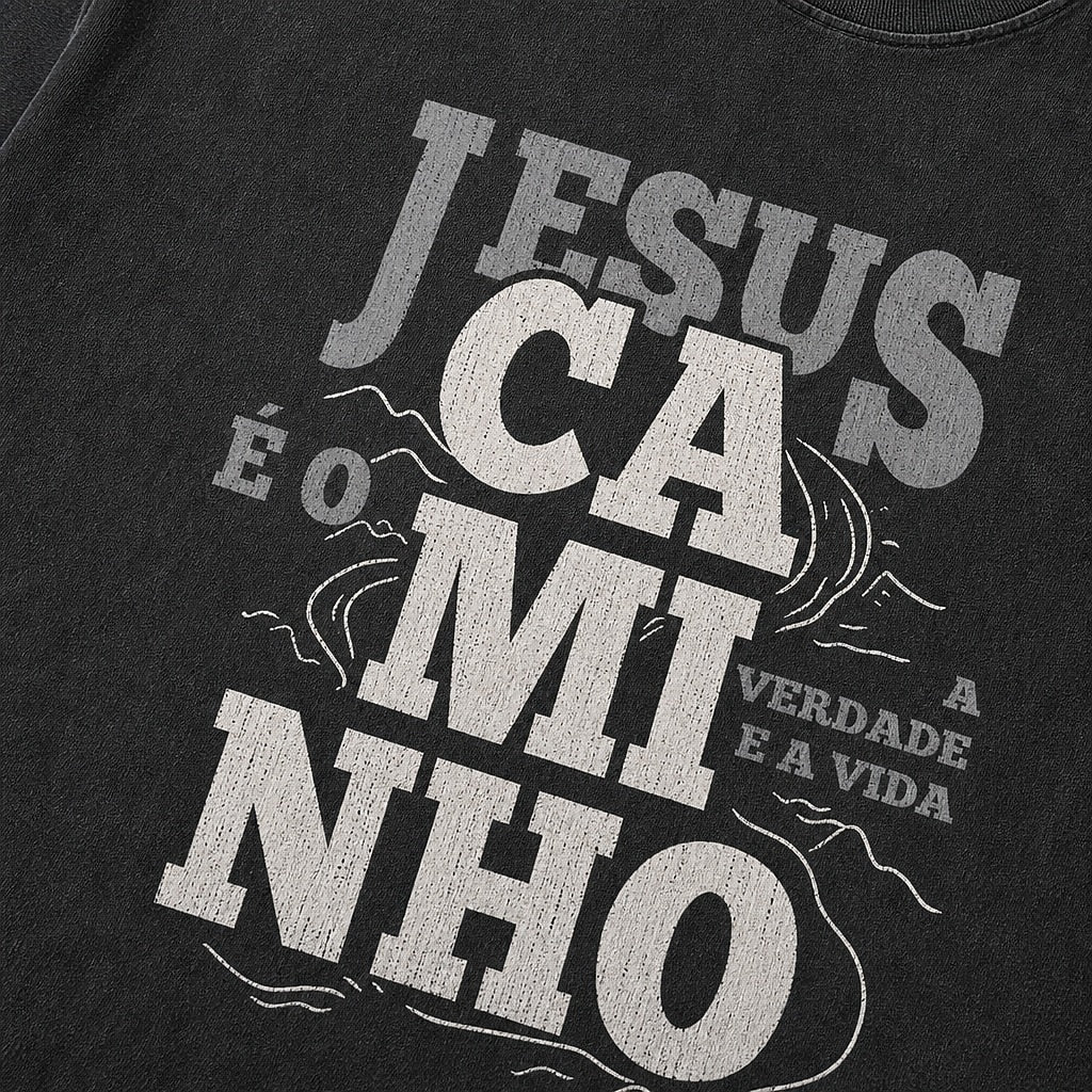 Jesus O Caminho Portuguese washed cotton T-shirt, print detail view 6
