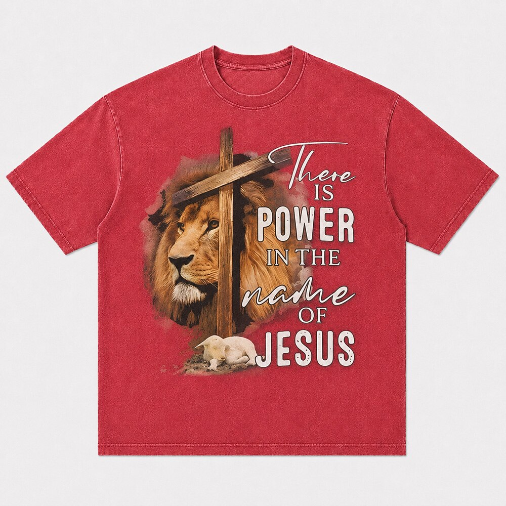 There Is Power In The Name Of Jesus Lion Of Judah Lamb Wooden Cross Christian Faith Realistic Vintage Christian T-Shirt - product image 5