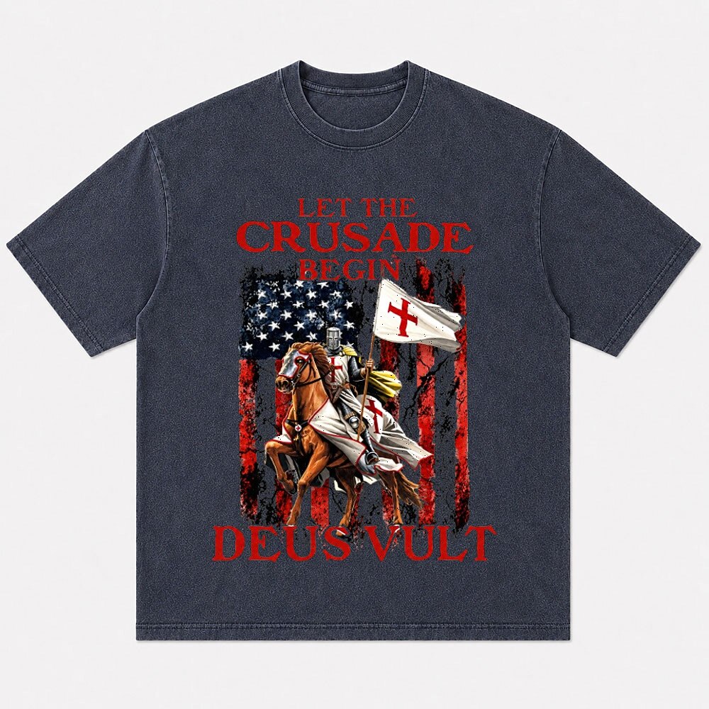 Mounted crusader cross flag and Deus Vult lettering cotton T-shirt, product view 4