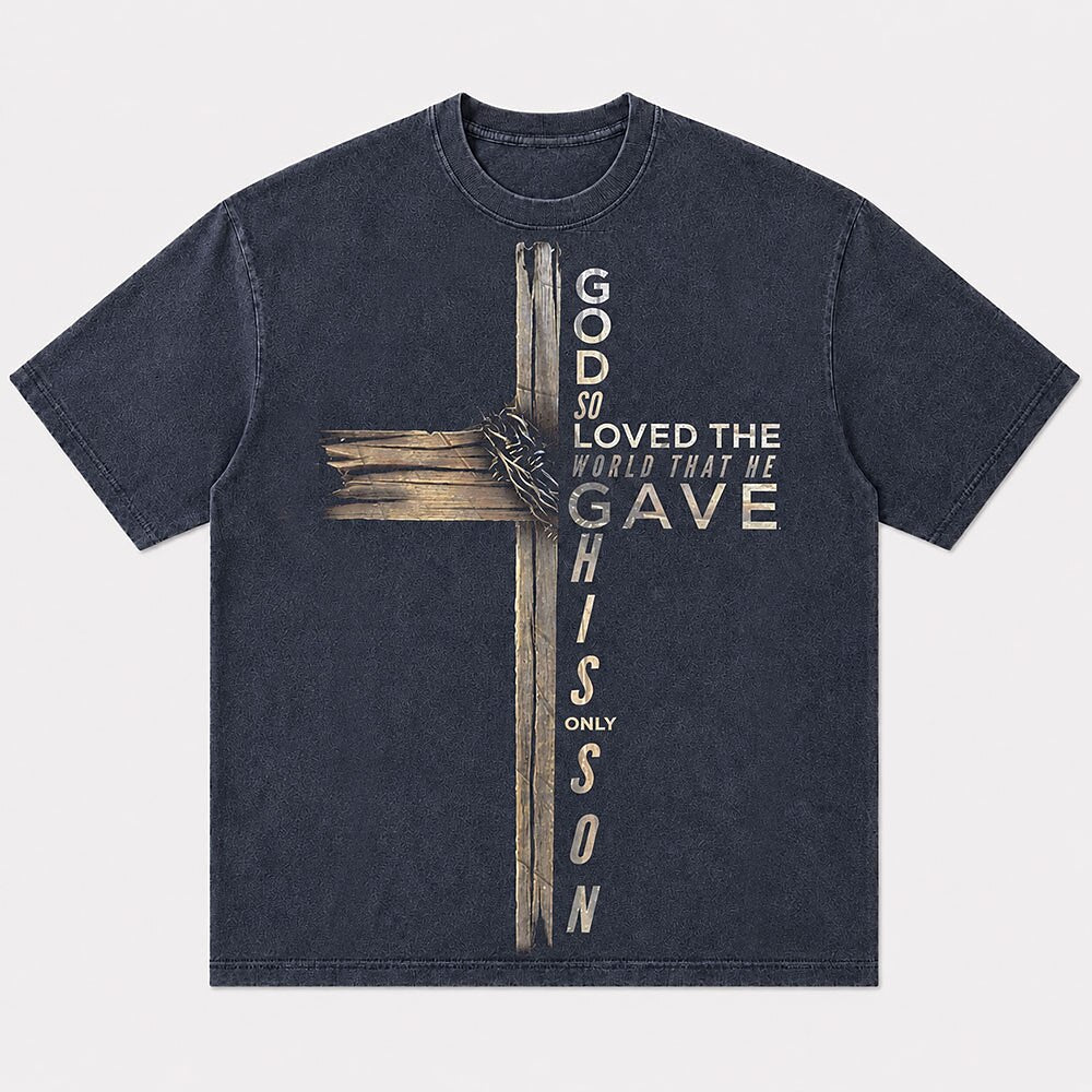 Wooden Cross with Crown of Thorns God So Loved The World Quote Christian T-Shirt - product image 1