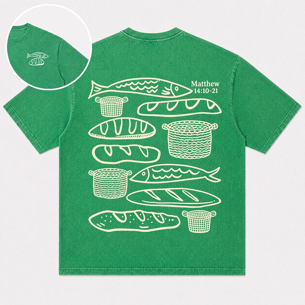 Loaves fish and baskets scripture graphic cotton T-shirt, product view 1