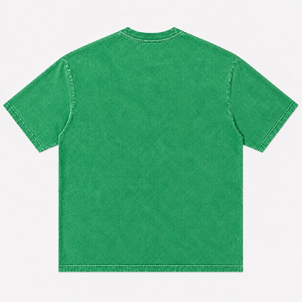Plain back view of a washed cotton crew-neck T-shirt