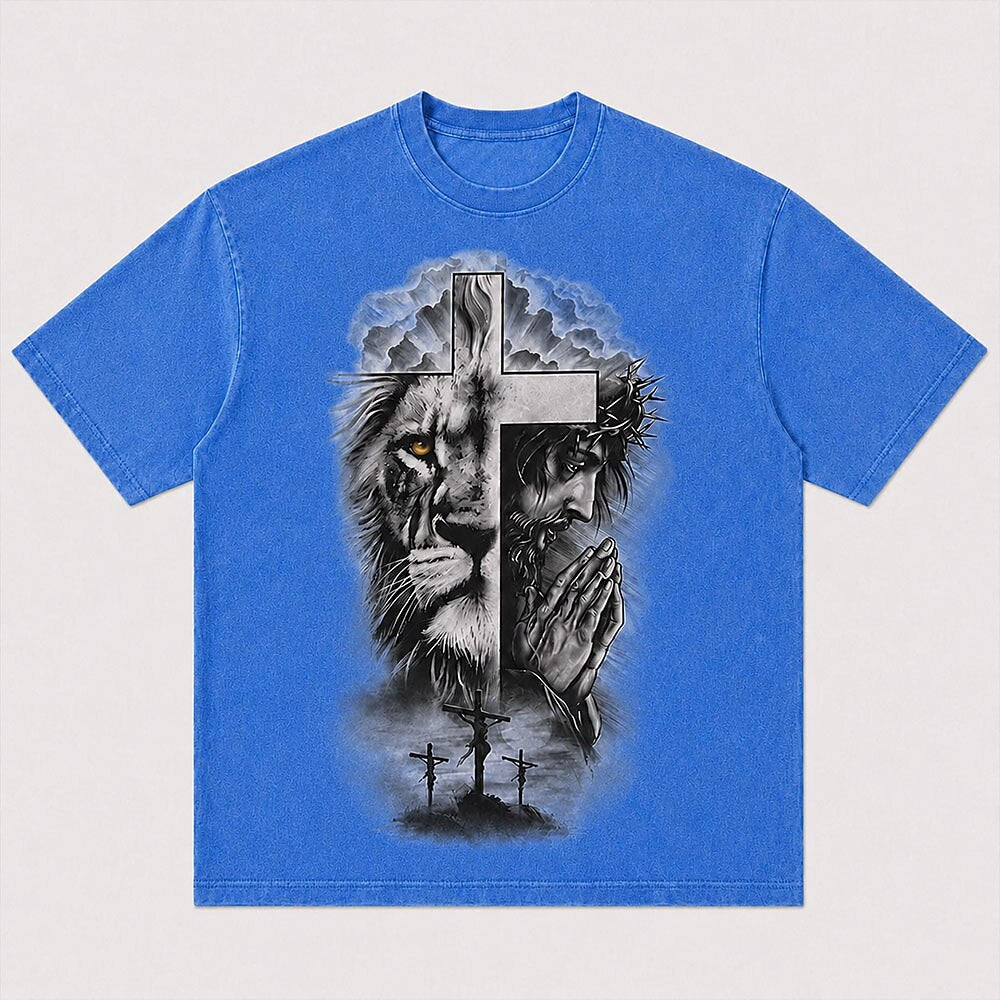 Lion Face Jesus Praying with Crown of Thorns Three Crosses Christian T-Shirt - product image 4