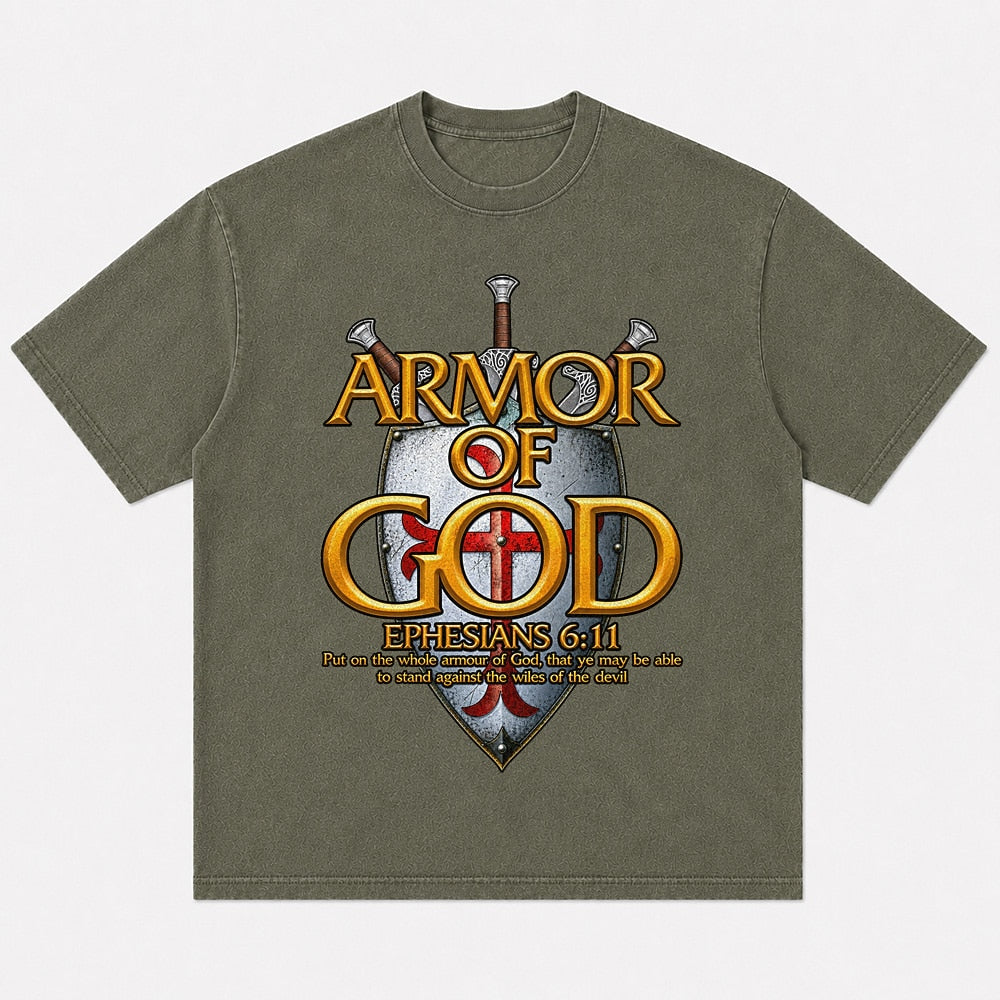 Armor of God Shield Ephesians 6:11 washed cotton T-shirt, product view 3