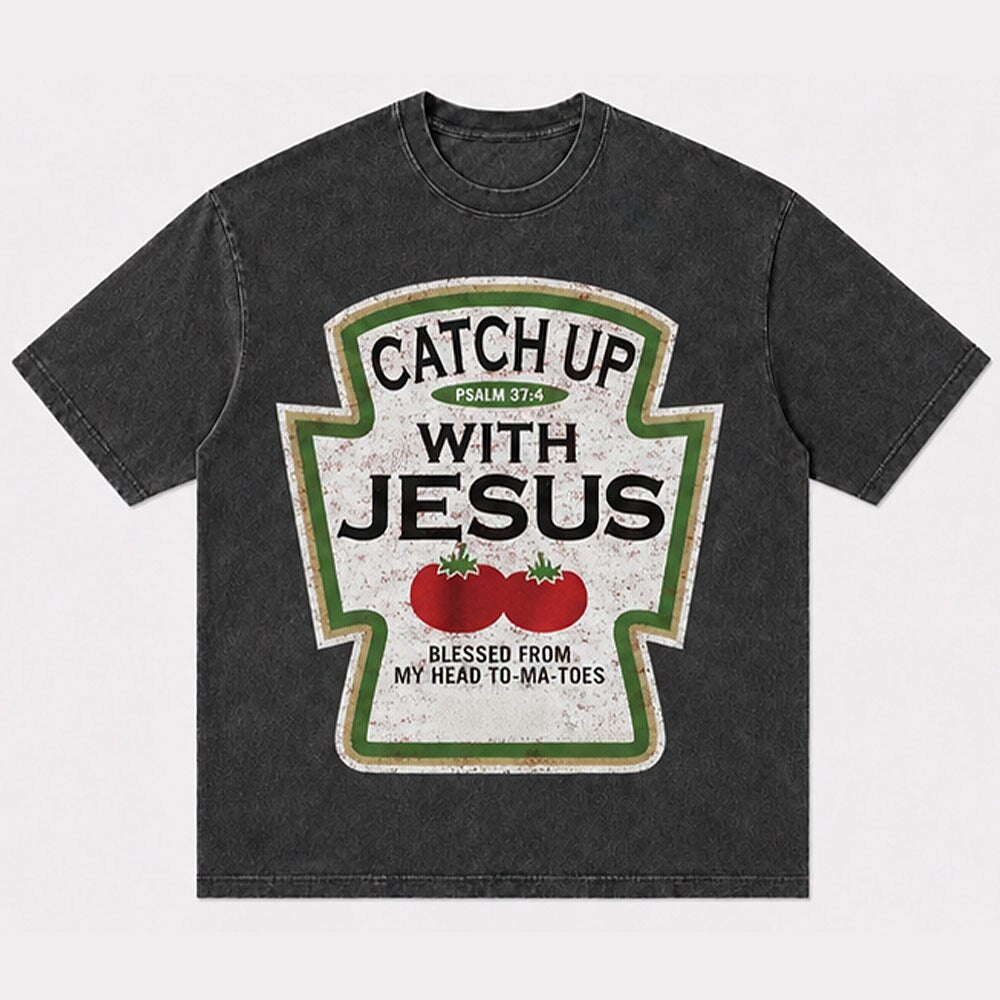 Funny Ketchup Label Parody Catch Up with Jesus Red Tomatoes Quote Christian T-Shirt - product image 4