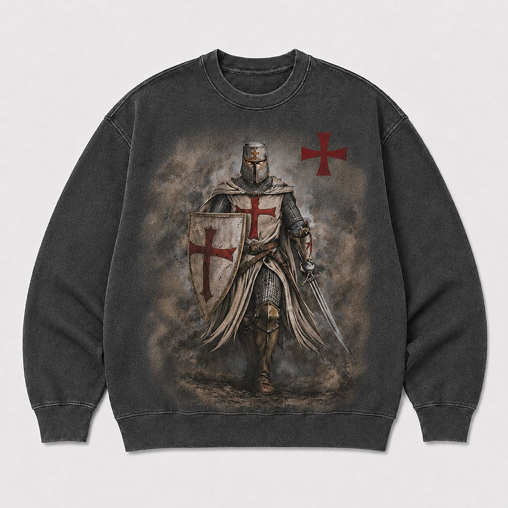 Cross and Templar knight Christian graphic on White washed sweatshirt