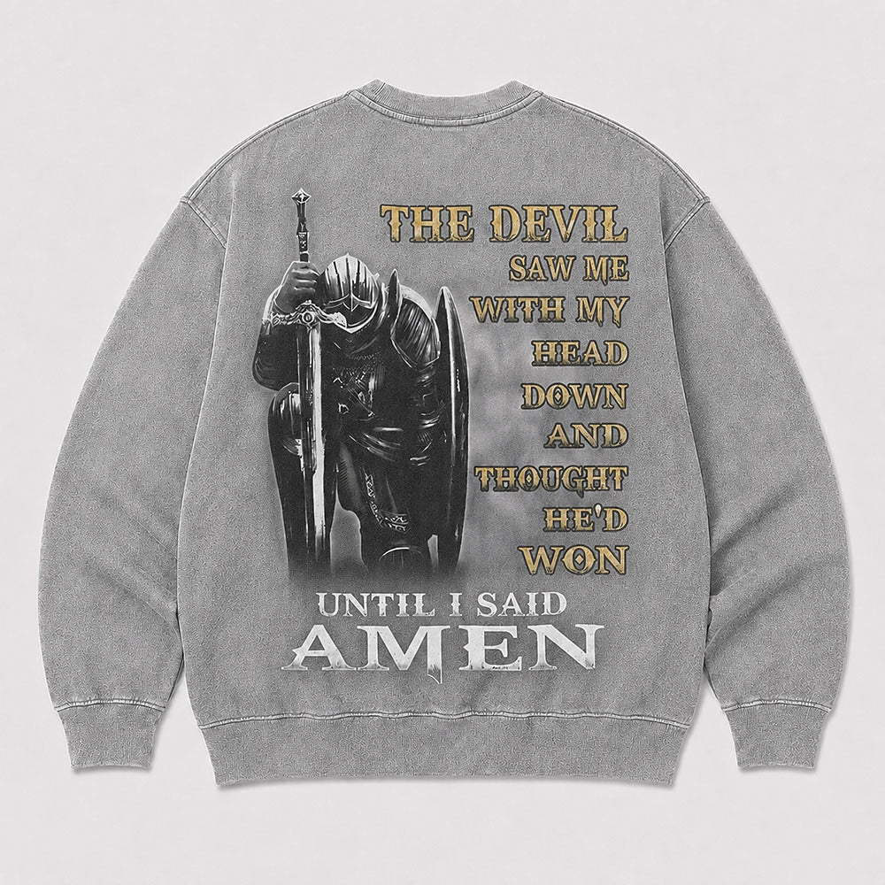 The Devil Saw Me Christian knight graphic on Black washed sweatshirt