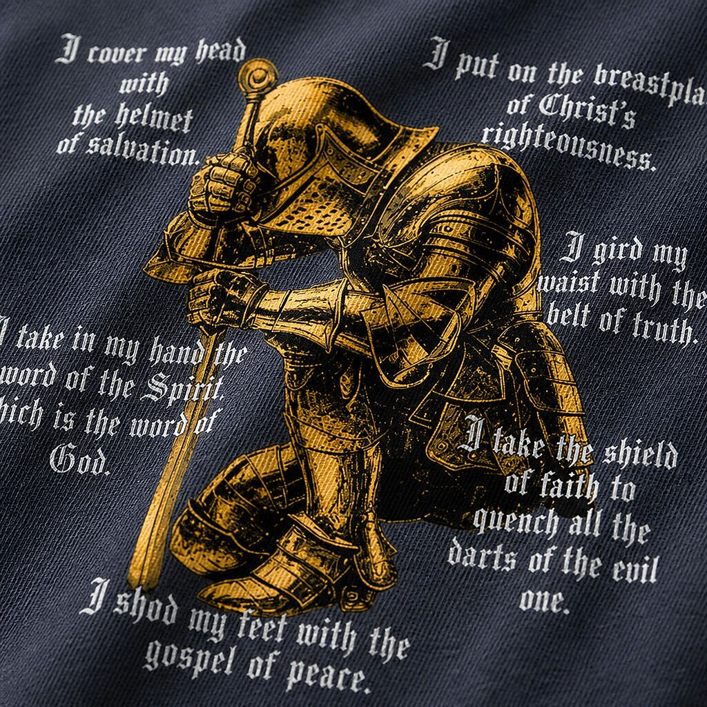 Armor of God kneeling knight Christian graphic T-shirt