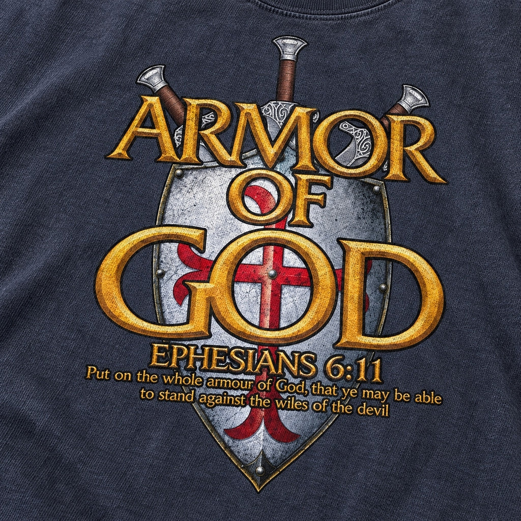 Armor of God Shield Ephesians 6:11 washed cotton T-shirt, print detail view 5