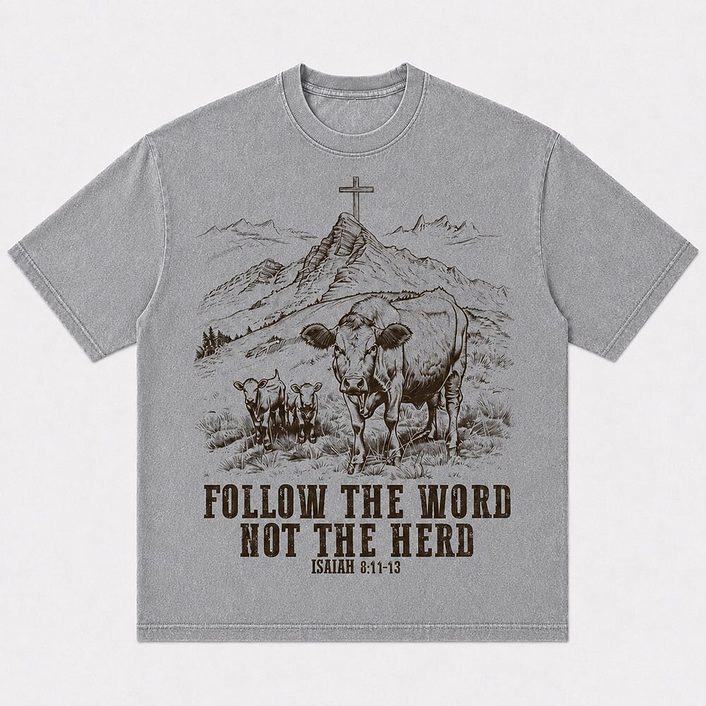 Mountain Cross with Cattle Follow The Word Not The Herd Isaiah Quote Christian T-Shirt - product image 4
