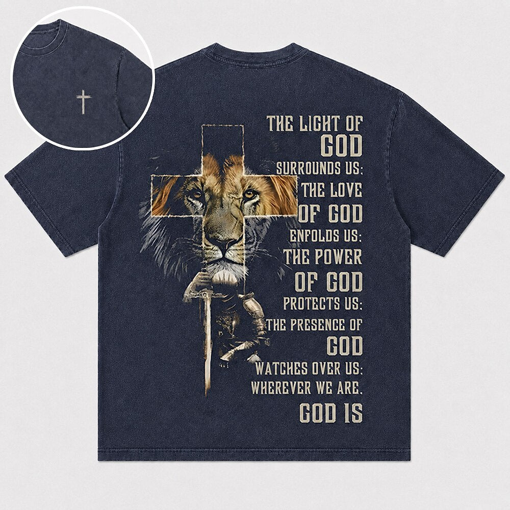 The Light of God Surrounds Us Lion Cross Knight Christian T-Shirt - product image 1