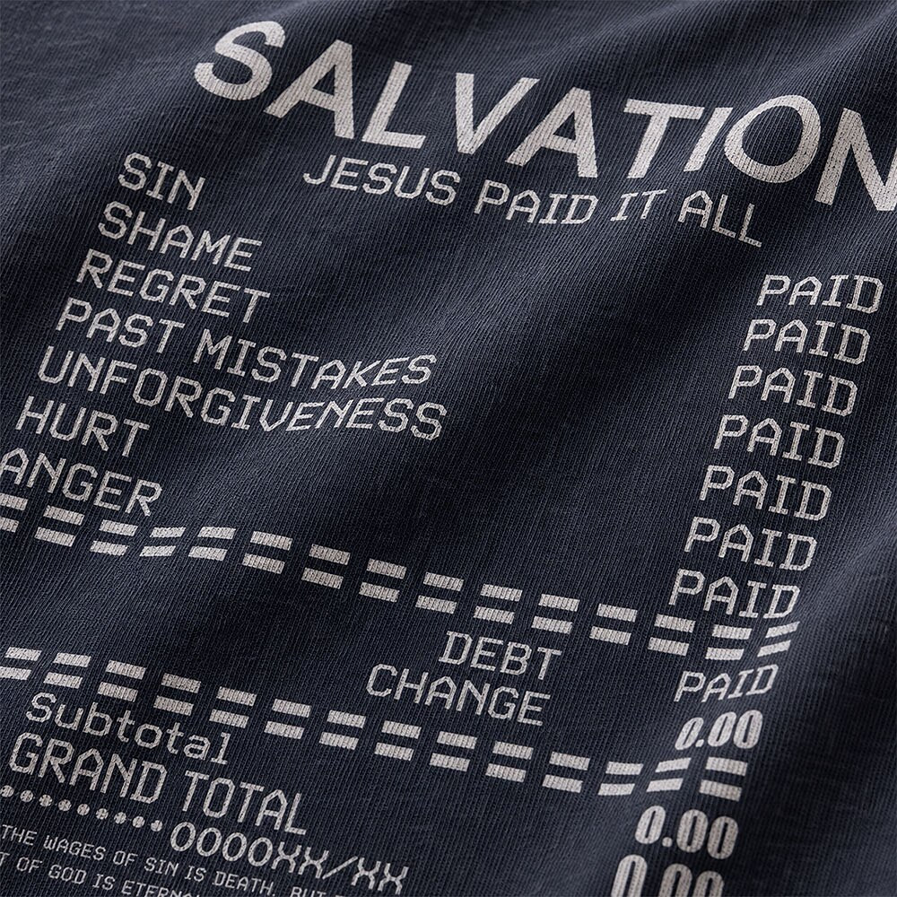 Salvation Receipt Jesus Paid It All Quote with Romans Bible Verse Barcode Christian T-Shirt - product image 2