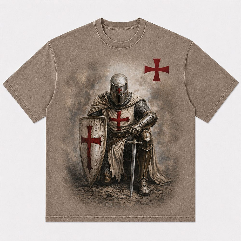 Medieval Crusader Kneeling Templar Knight in Armor with Sword Red Cross Shield Christian T-Shirt - product image 1