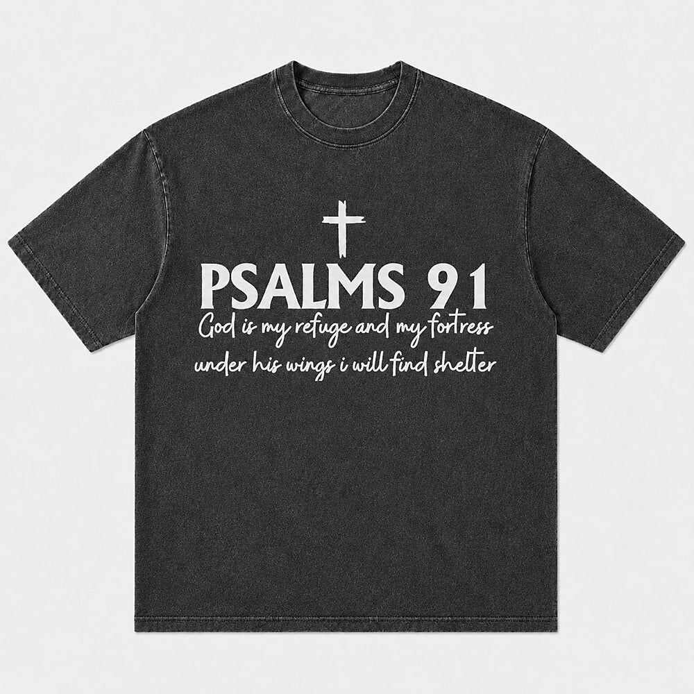Psalms 91 God Is My Refuge And My Fortress under His Wings I Will Find Shelter Bible Verse Cross Christian T-Shirt - product image 5
