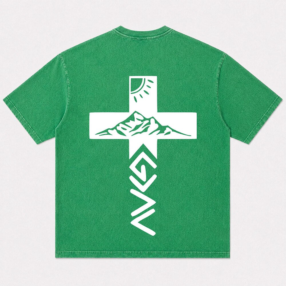 God is greater than highs and lows mountain cross T-shirt