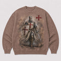 Cross and Templar knight Christian graphic on White washed sweatshirt