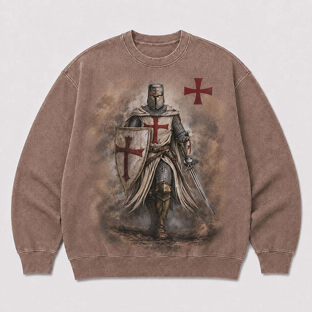 Cross and Templar knight Christian graphic on White washed sweatshirt