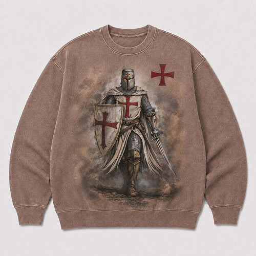 Cross and Templar knight Christian graphic on White washed sweatshirt