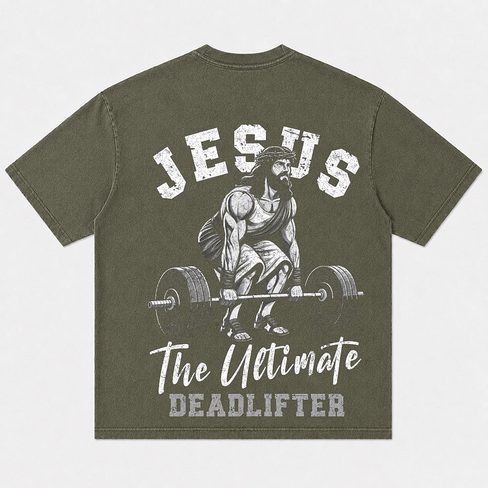 Jesus The Ultimate Deadlifter washed cotton T-shirt, product view 4