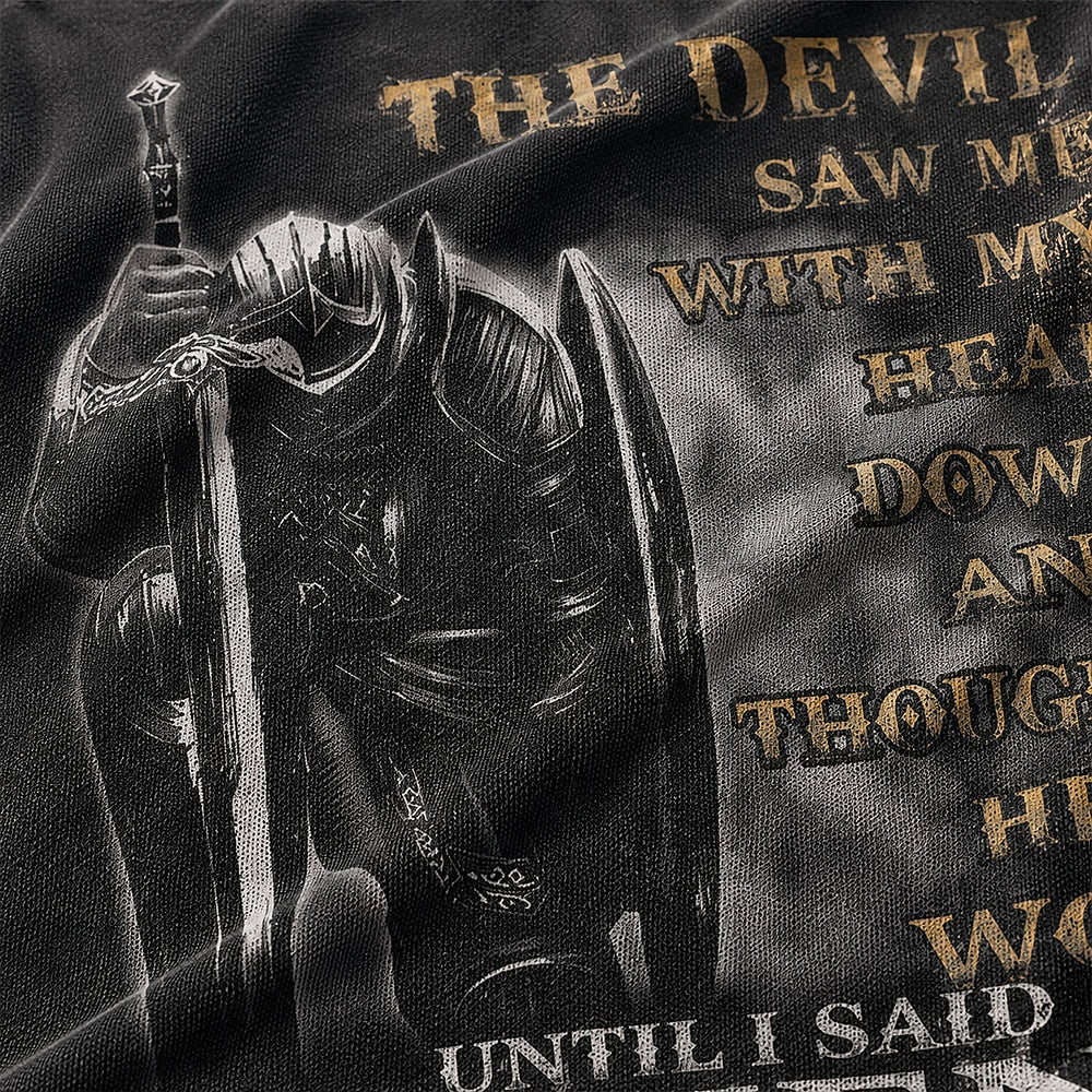 The Devil Saw Me Christian knight graphic on Black washed sweatshirt