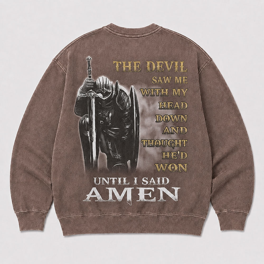 The Devil Saw Me Christian knight graphic on Green washed sweatshirt