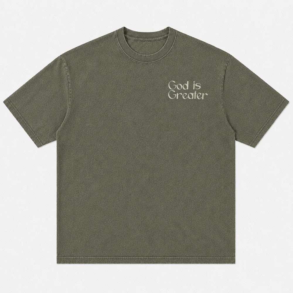God Is Greater Mountain cotton T-shirt, additional product detail view